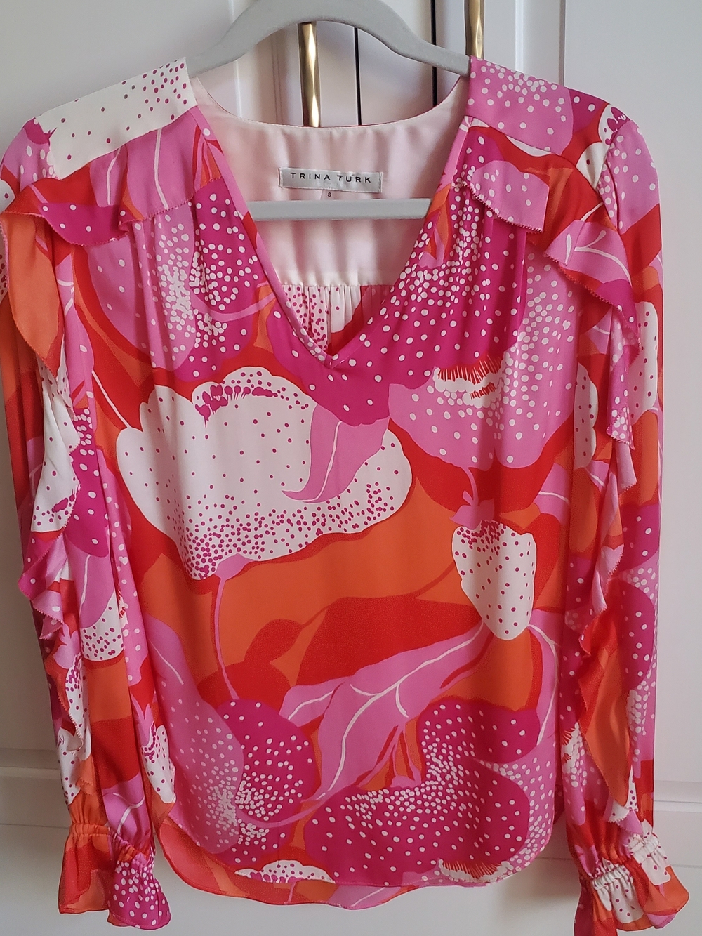 Trina Turk Silk Blend Pink & Orange Floral V-Neck Ruffle Sleeve Blouse